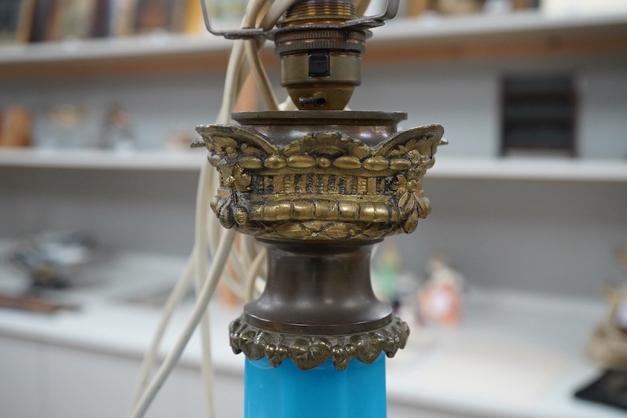 A French blue glass table lamp, 57cm high excluding the fitting. Condition - fair to good untested